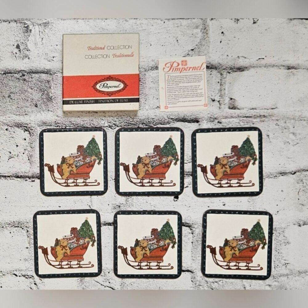 Vintage Mid Century Pimpernel Christmas Coasters Set Santa Sled with Toys. CIB